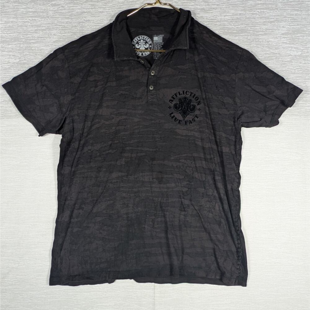 Affliction Polo Shirt Mens 2XL Black Short Sleeve Shirt Camo Biker Grunge